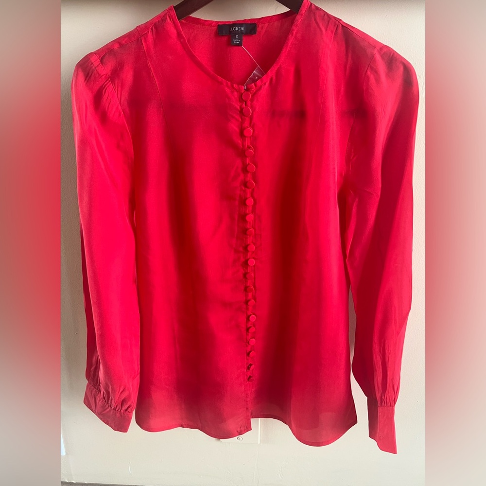NWT J.Crew Poppy Red Covered Button
Blouse Cupro Long Sleeve Size 2